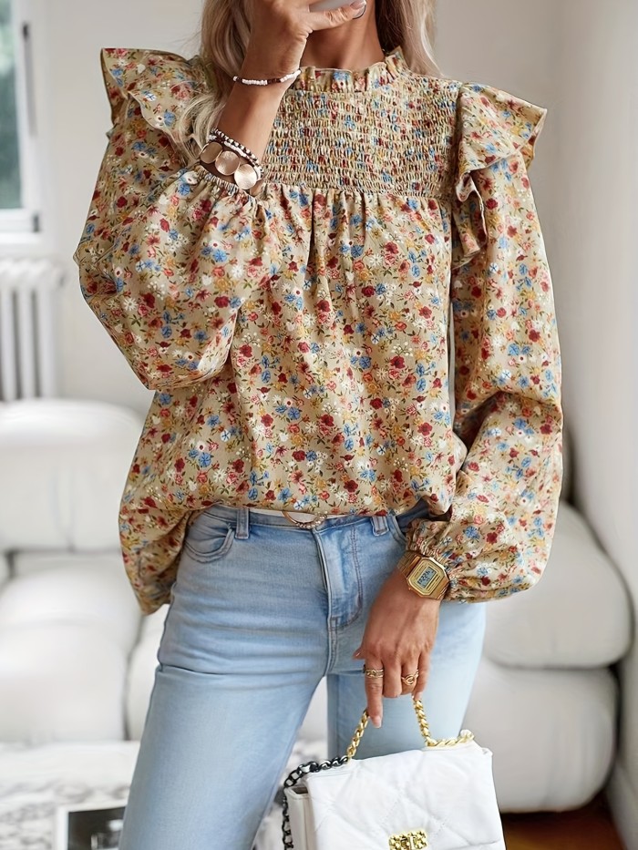 Ditsy Floral Print Blouse, Casual Shirred Ruffle Trim Long Sleeve Blouse, Women's Clothing