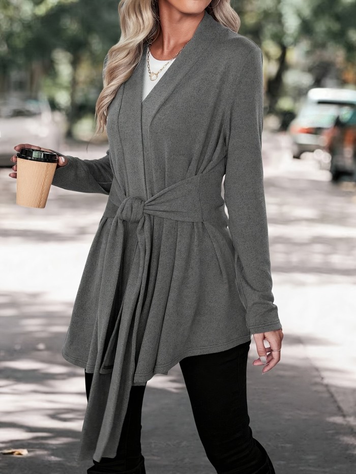 Long Sleeve Polyester Blouse With V-Neck, Adjustable Belt, And Elastic Waist, All-Season Knit Top With Various Styling Options For Women