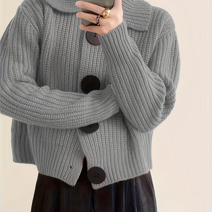 Plus Size Solid Color Button Front Knitted Cardigan, Stylish Casual Long Sleeve Cardigan For Fall & Winter, Women's Plus Size Clothing