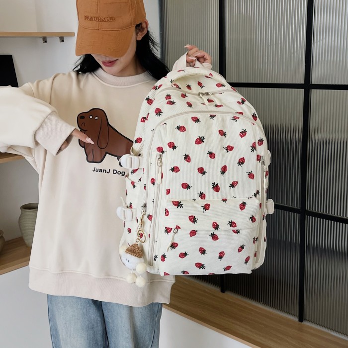 Strawberry Corduroy Fashion Backpack - Adjustable Straps, Laptop & Tablet Compartments, Bottle Holder, Zipper Closure, Random Print Design, Hand Wash Only - Perfect for School and Commuting