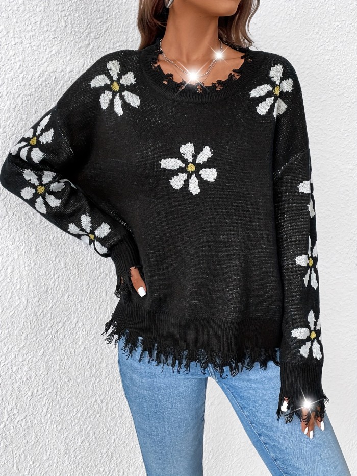 Flower Jacquard Crew Neck Pullover Sweater - Soft Medium Stretch Acrylic Knit Fabric, Tassel Details, Boho Style, Hand Washable - Casual Long Sleeve Drop Shoulder Sweater for Women, All Season Wear