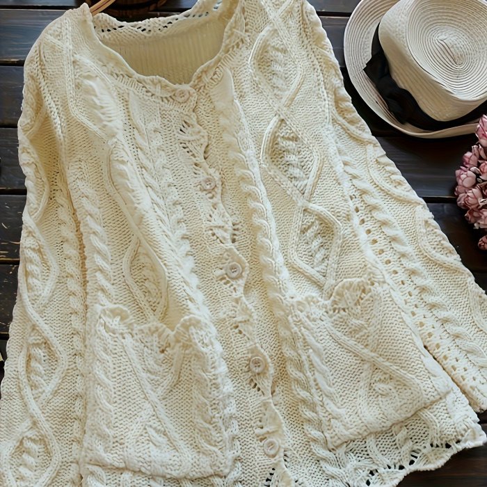 Plus Size Solid Color Cable Knitted Cardigan, Casual Button Front Long Sleeve Cardigan, Women's Plus Size Clothing