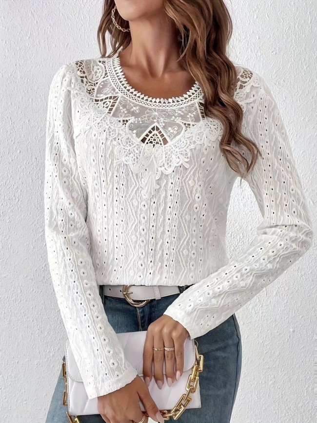 Women's Polyester Blouse With Ruffled Trim, Round Neckline, Long Sleeve, Semi-Sheer, Spring\u002FAutumn Fashion