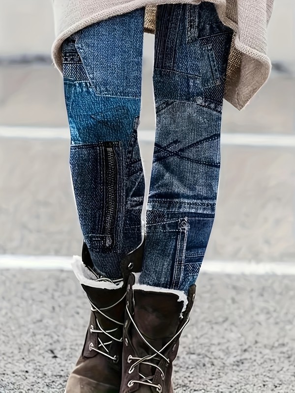 Chic Easy-Care Faux Denim Jeggings - Stretchy & Durable, Trendy Casual Leggings for Every Day Women's Fall Fashion