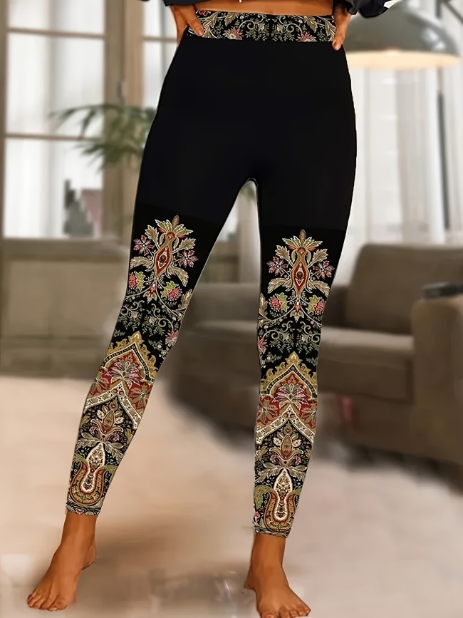 Plus Size Boho Leggings, Women's Plus Arabesque Print Elastic High Rise Medium Stretch Leggings