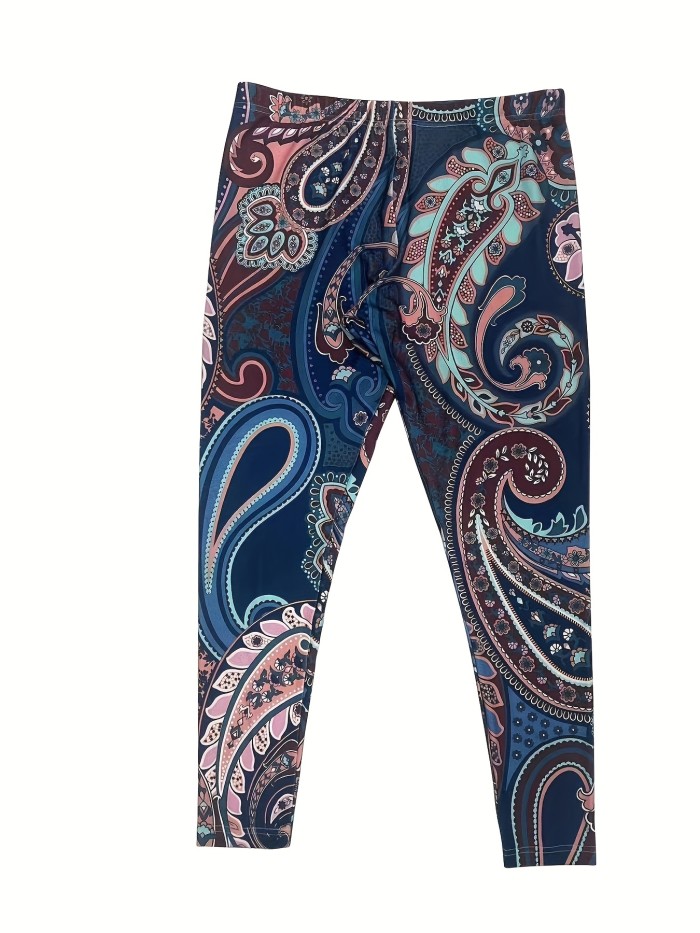 Plus Size Boho Leggings, Women's Plus Paisley Floral Print Elastic High Rise High Stretch Leggings