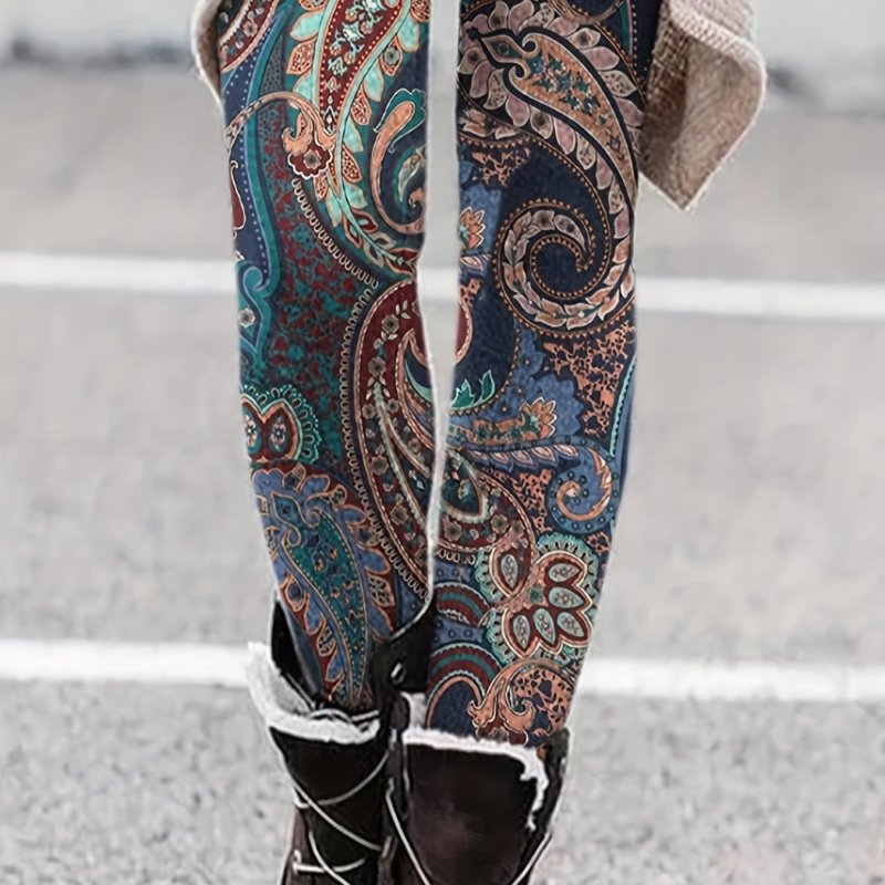 Plus Size Boho Leggings, Women's Plus Paisley Floral Print Elastic High Rise High Stretch Leggings