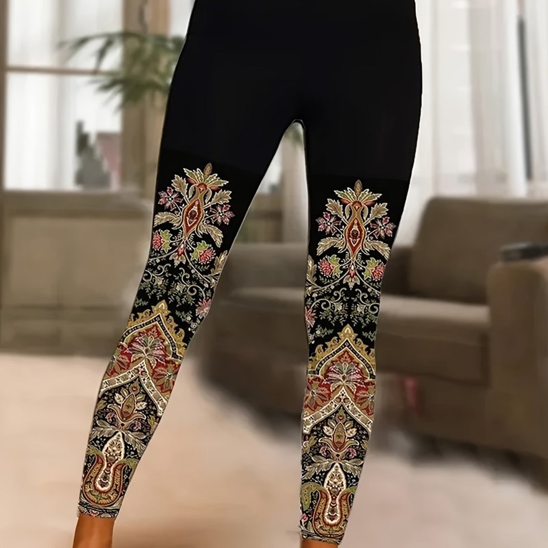 Plus Size Boho Leggings, Women's Plus Arabesque Print Elastic High Rise Medium Stretch Leggings