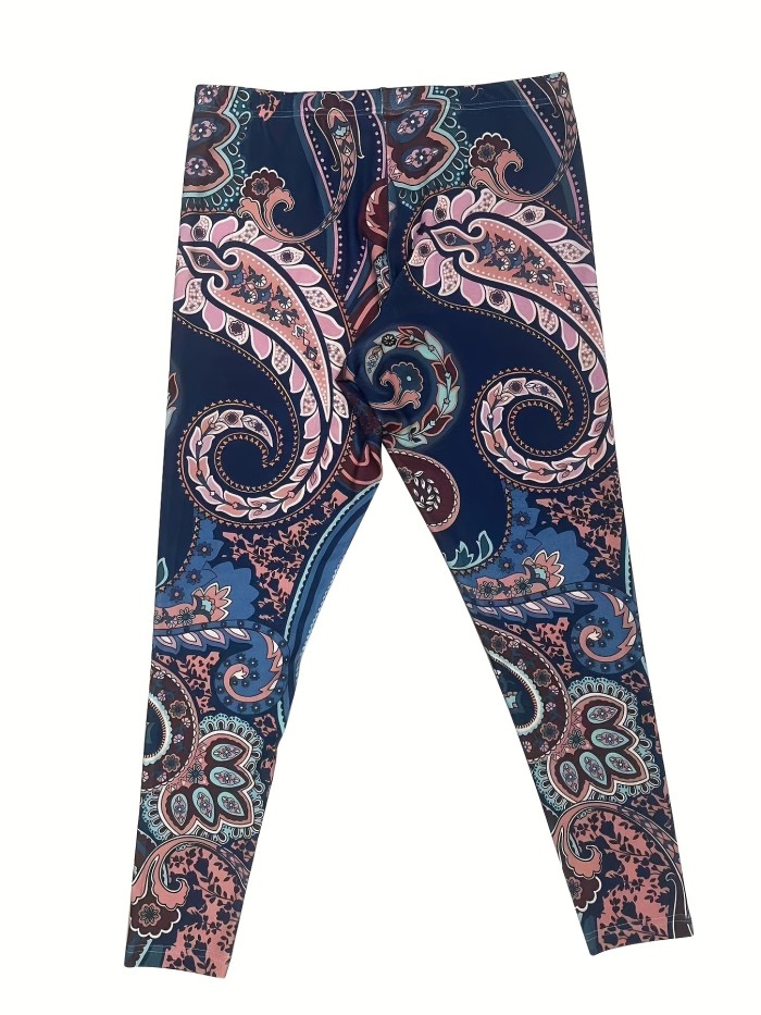Plus Size Boho Leggings, Women's Plus Paisley Floral Print Elastic High Rise High Stretch Leggings