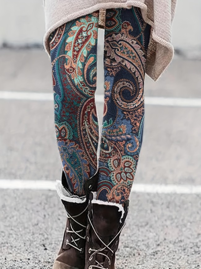 Plus Size Boho Leggings, Women's Plus Paisley Floral Print Elastic High Rise High Stretch Leggings