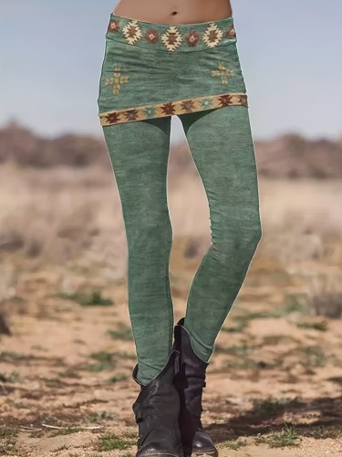 Ethnic Print Skinny Layered Leggings, Vintage Every Day Stretchy Leggings, Women's Clothing