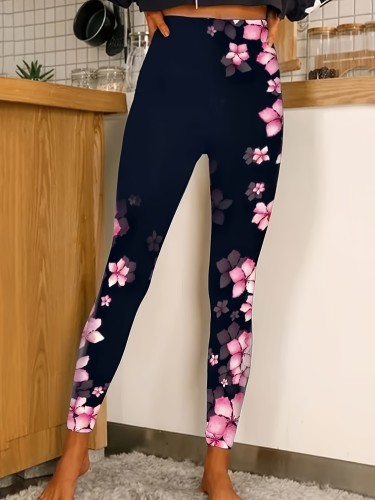 Plus Size Casual Leggings, Women's Plus Floral Print Elastic High Rise High Stretch Leggings