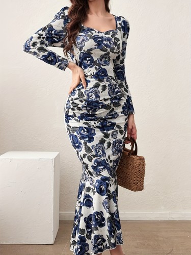 Stunning Floral Mermaid Hem Dress - Elegant Long Sleeve, Sweetheart Neck, Spring & Fall Essential, Women's Clothing for Chic Occasions