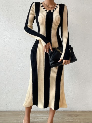 Elegant Striped Bodycon Dress | Fall\u002FWinter Chic Long Sleeve Color Block - Rib-Knit, Crew Neck, Warm Acrylic Blend
