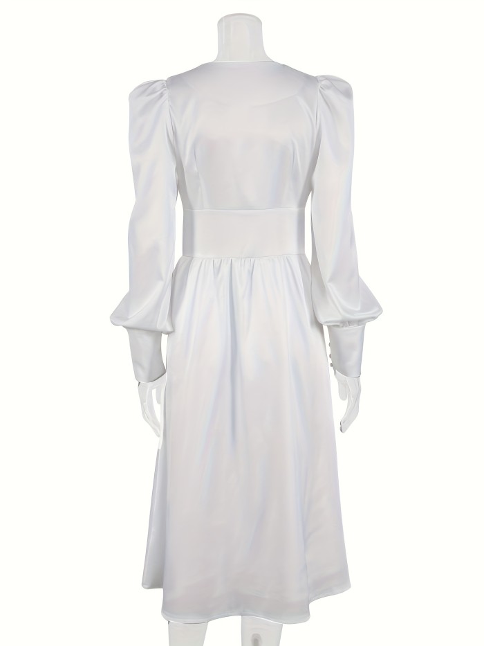 2024 Autumn\u002FWinter Women's Dress V-neck Satin Palace Waist Wrapped Retro Dress
