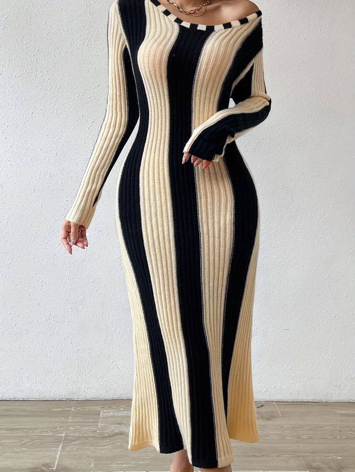 Elegant Striped Bodycon Dress | Fall\u002FWinter Chic Long Sleeve Color Block - Rib-Knit, Crew Neck, Warm Acrylic Blend