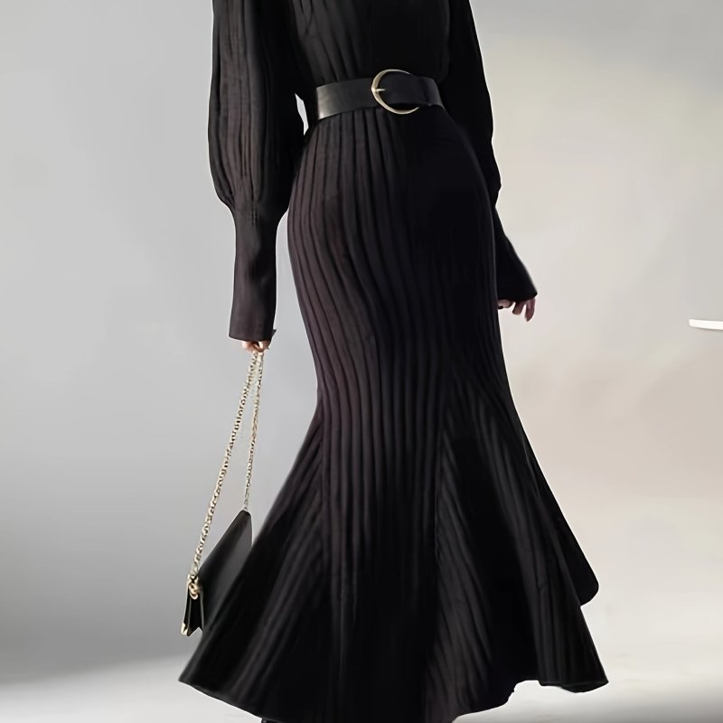 Chic Solid Ruffle Hem Dress - Elegant Ribbed Turtle Neck, Long Sleeve, Comfortable Fit, Flattering Silhouette, Womens Clothing for Daily Wear and Special Occasions