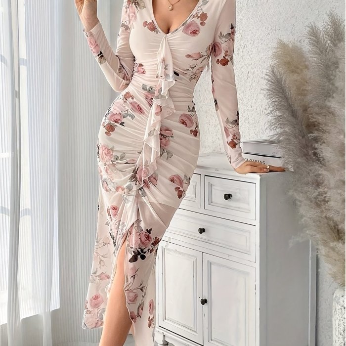 Floral Print Long Sleeve Mesh Dress, Elegant Deep V Neck Ruffle Trim Split Hem Ruched Dress, Women's Clothing