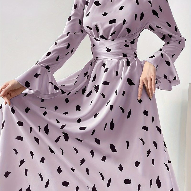 Lady's Fashionable Printed Long Sleeve Back Tie Long Sleeve Dress - Polyester Blend, Round Neck, Full Print, Bell Sleeves, Long Hem, A-Line Silhouette, Suitable for Adults