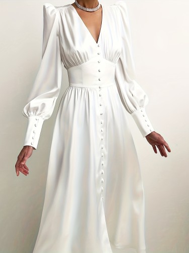 2024 Autumn\u002FWinter Women's Dress V-neck Satin Palace Waist Wrapped Retro Dress