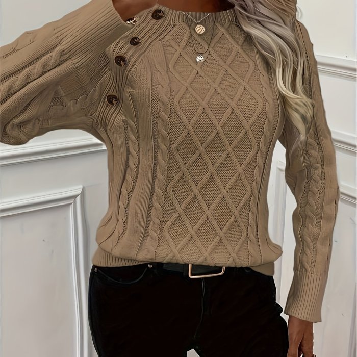 Button Decor Crew Neck Sweater, Casual Long Sleeve Textured Sweater For Fall & Winter, Women's Clothing