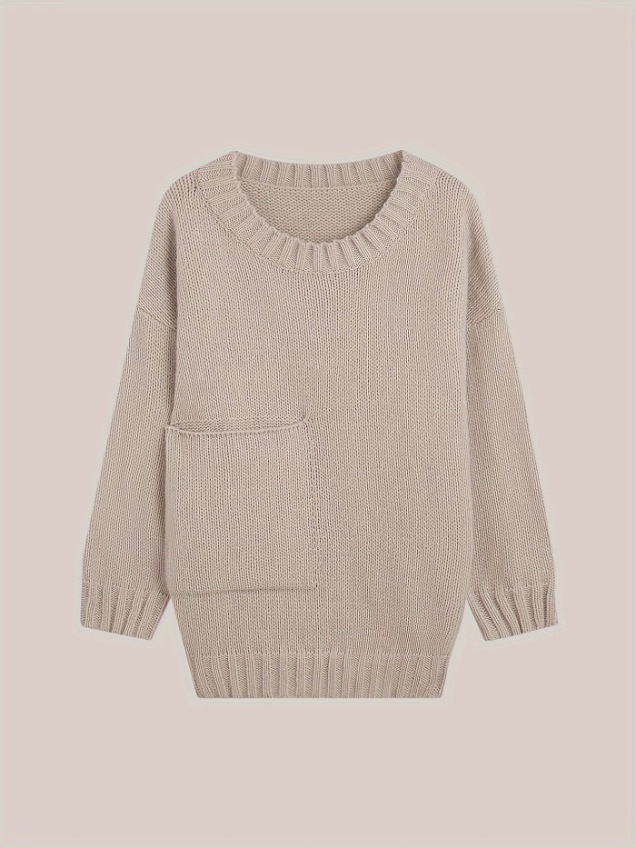 Plus Size Solid Pocket Sweater, Casual Long Sleeve Crew Neck Sweater For Fall & Winter, Women's Plus Size Clothing