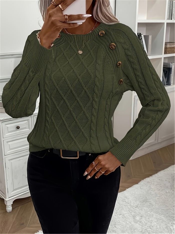 Button Decor Crew Neck Sweater, Casual Long Sleeve Textured Sweater For Fall & Winter, Women's Clothing