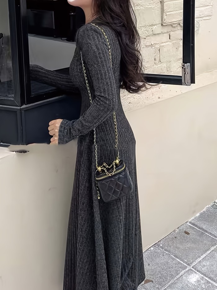 Ribbed V Neck Dress, Casual Long Sleeve Dress For Fall & Winter, Women's Clothing