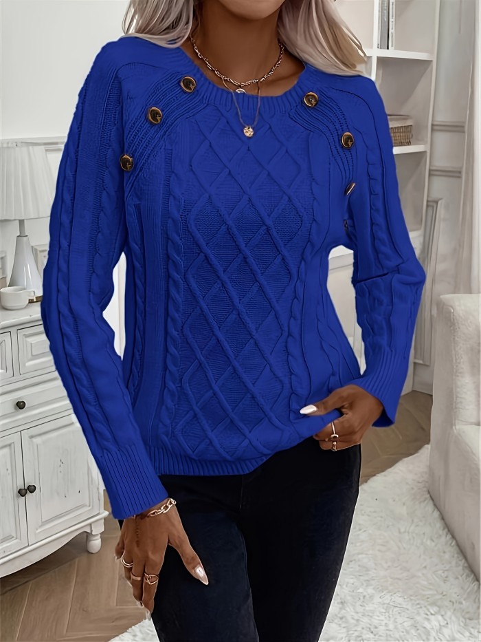 Button Decor Crew Neck Sweater, Casual Long Sleeve Textured Sweater For Fall & Winter, Women's Clothing