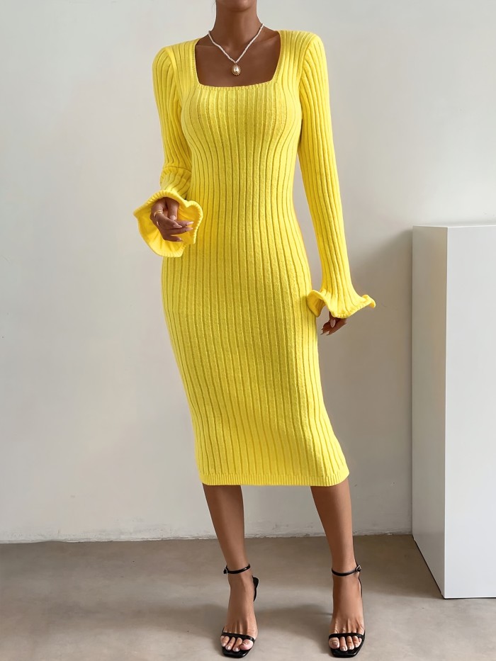 Square Neck Lettuce Trim Dress, Elegant Long Sleeve Bodycon Dress For Spring & Fall, Women's Clothing