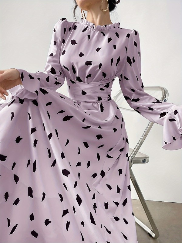 Lady's Fashionable Printed Long Sleeve Back Tie Long Sleeve Dress - Polyester Blend, Round Neck, Full Print, Bell Sleeves, Long Hem, A-Line Silhouette, Suitable for Adults