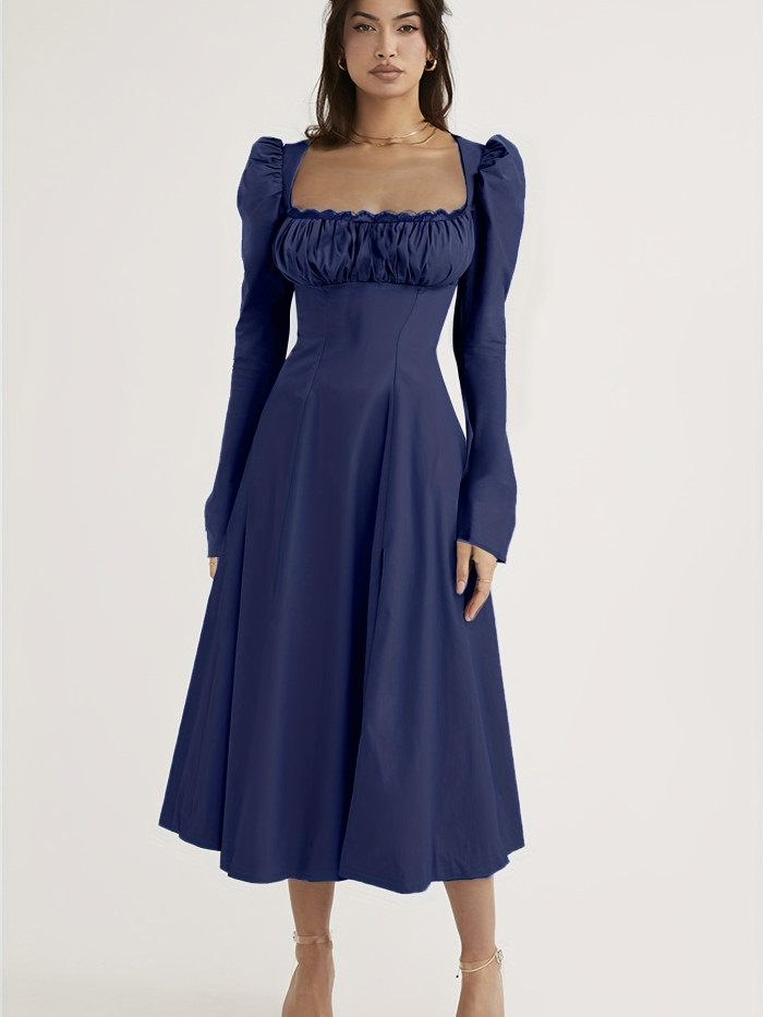 Women's autumn and winter elegant solid color long sleeved dress, fashionable and casual split A-line party dress, suitable for beach vacation, cocktail party street wear