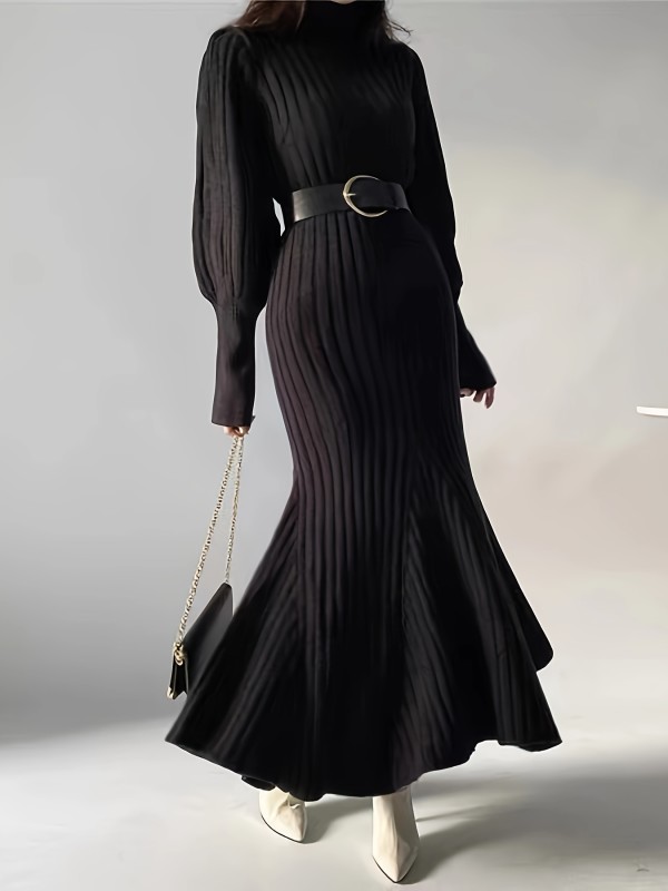 Chic Solid Ruffle Hem Dress - Elegant Ribbed Turtle Neck, Long Sleeve, Comfortable Fit, Flattering Silhouette, Womens Clothing for Daily Wear and Special Occasions