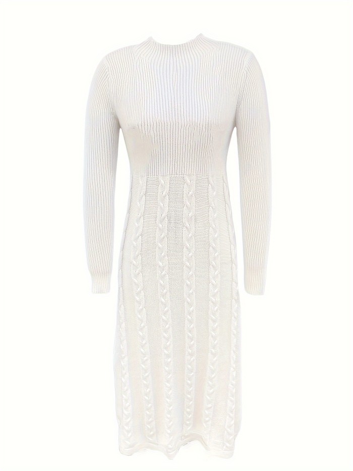 Cable Knit Solid Color Dress, Elegant Mock Neck Long Sleeve Slim Fit Dress For Spring & Fall, Women's Clothing