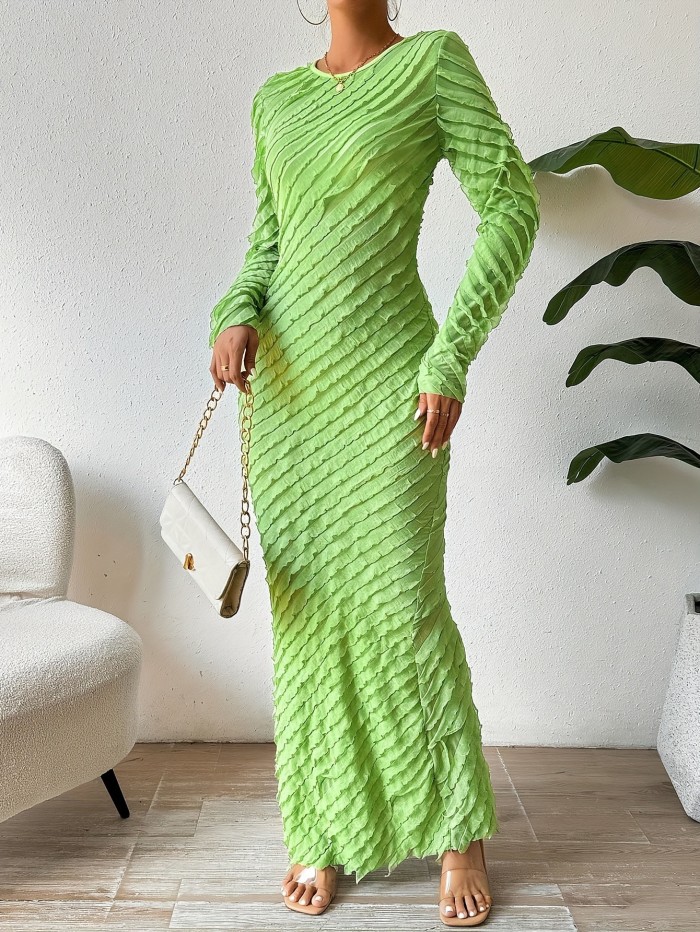 Crew Neck Solid Maxi Dress, Elegant Long Sleeve Bodycon Dress For Spring & Fall, Women's Clothing