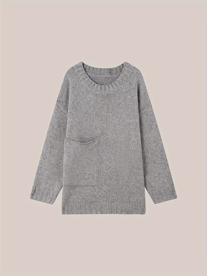 Plus Size Solid Pocket Sweater, Casual Long Sleeve Crew Neck Sweater For Fall & Winter, Women's Plus Size Clothing