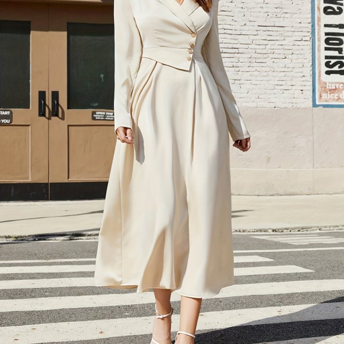 Stunning A-Line Surplice Neck Dress - Elegant Long Sleeve Dresses for Women - Spring & Fall Fashion, Button Front, Comfortable Wear for Various Occasions
