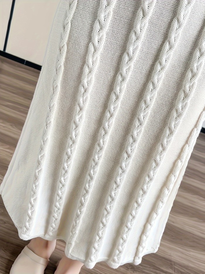 Cable Knit Solid Color Dress, Elegant Mock Neck Long Sleeve Slim Fit Dress For Spring & Fall, Women's Clothing