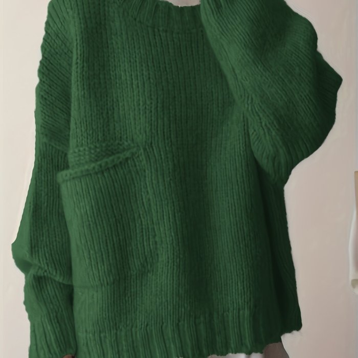 Plus Size Solid Pocket Sweater, Casual Long Sleeve Crew Neck Sweater For Fall & Winter, Women's Plus Size Clothing