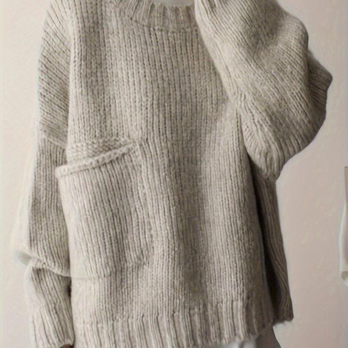 Plus Size Solid Pocket Sweater, Casual Long Sleeve Crew Neck Sweater For Fall & Winter, Women's Plus Size Clothing