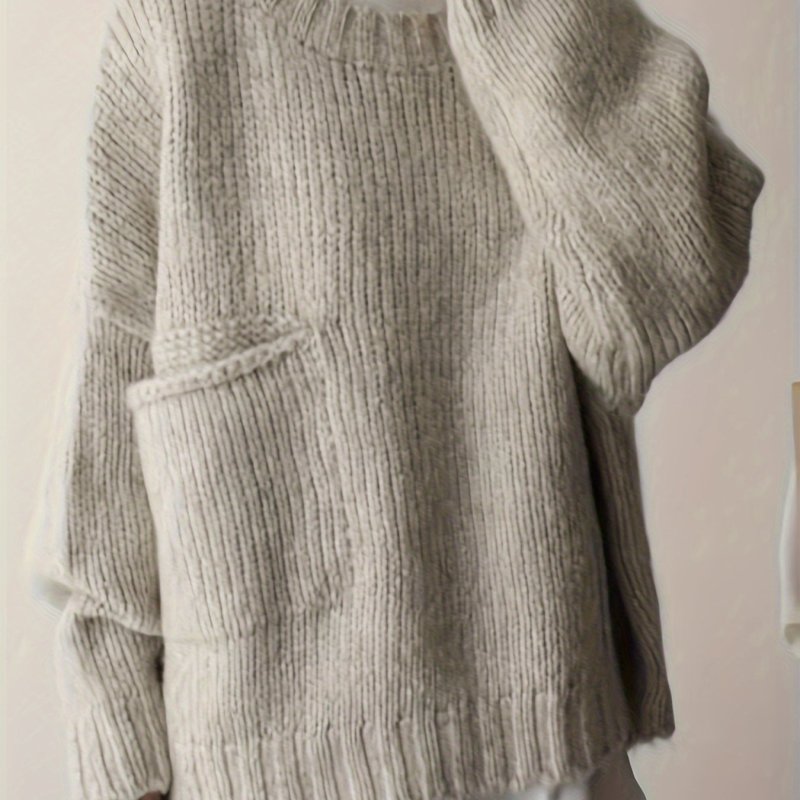 Plus Size Solid Pocket Sweater, Casual Long Sleeve Crew Neck Sweater For Fall & Winter, Women's Plus Size Clothing