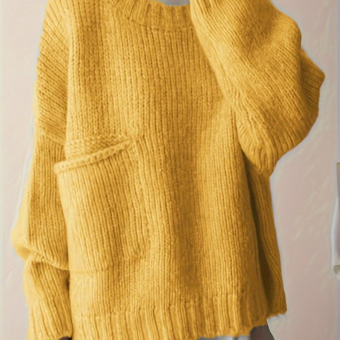 Plus Size Solid Pocket Sweater, Casual Long Sleeve Crew Neck Sweater For Fall & Winter, Women's Plus Size Clothing