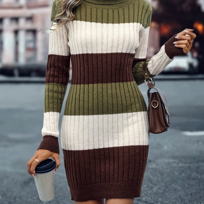Color Block Striped Sweater Dress, Casual Turtleneck Long Sleeve Dress, Women's Clothing