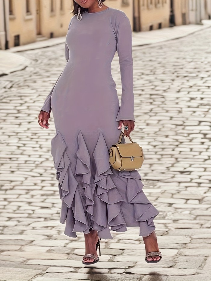 New Solid Color Multi-layer Ruffled Long Sleeve Cover Hip European and American Women's Dress