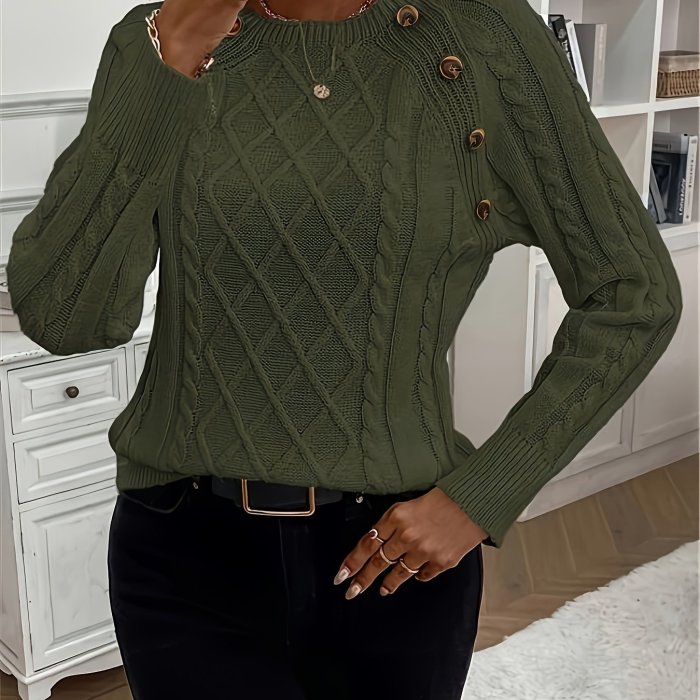 Button Decor Crew Neck Sweater, Casual Long Sleeve Textured Sweater For Fall & Winter, Women's Clothing