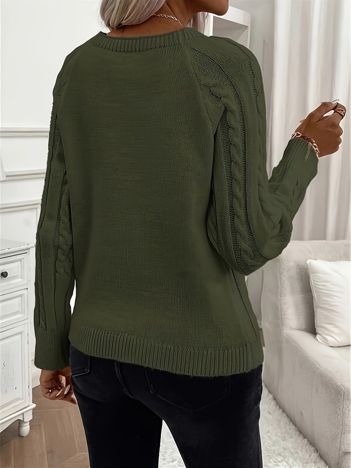 Button Decor Crew Neck Sweater, Casual Long Sleeve Textured Sweater For Fall & Winter, Women's Clothing