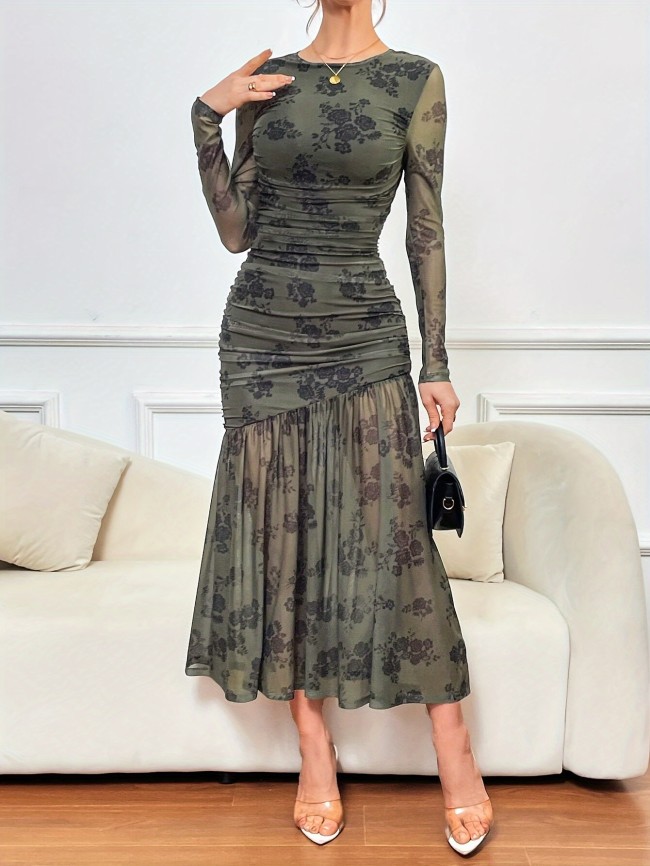 Chic Floral Ruffle Hem Dress - Elegant Crew Neck, Long Sleeve, Ruched, Slim Fit, Spring & Fall Essential, Women's Clothing for Everyday Wear