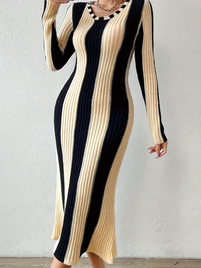 Elegant Striped Bodycon Dress | Fall\u002FWinter Chic Long Sleeve Color Block - Rib-Knit, Crew Neck, Warm Acrylic Blend