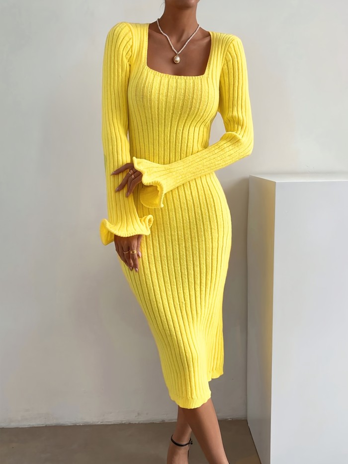 Square Neck Lettuce Trim Dress, Elegant Long Sleeve Bodycon Dress For Spring & Fall, Women's Clothing