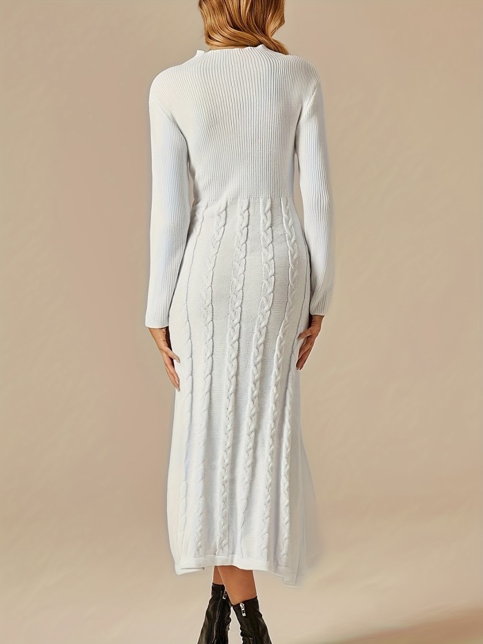 Cable Knit Solid Color Dress, Elegant Mock Neck Long Sleeve Slim Fit Dress For Spring & Fall, Women's Clothing